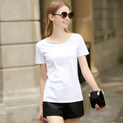 微琪思 高品质纯白色大圆领纯棉宽松 短袖T恤女 简约黑色韩版秋