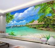 创意3D电视沙发背景墙装饰贴画卧室海景自粘墙纸客厅风景无缝壁画