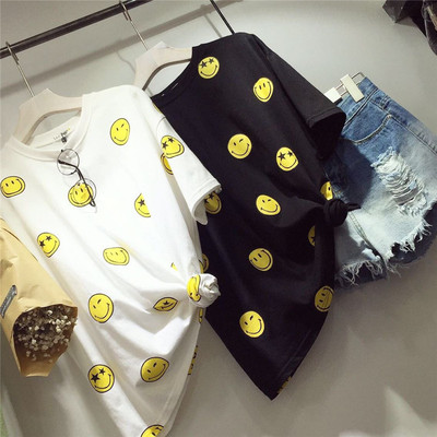 正能量满满!满身黄色笑脸印花T恤 休闲宽松黑