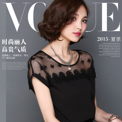 标题优化:2015韩国夏装新款大码短袖雪纺衫上衣女T恤刺绣花朵打底蕾丝衫潮