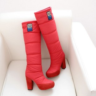 欧美女式冬季高筒羽绒雪地靴粗高跟防水台加厚保暖套筒棉靴子