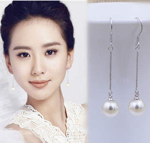 925纯银耳环耳钩耳线母贝珍珠，耳钉长款耳坠，韩国耳饰结婚银饰品女