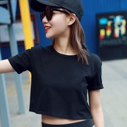 纯棉短款露肚脐t恤女短袖，宽松高腰韩国女装，黑色短装性感圆领上衣