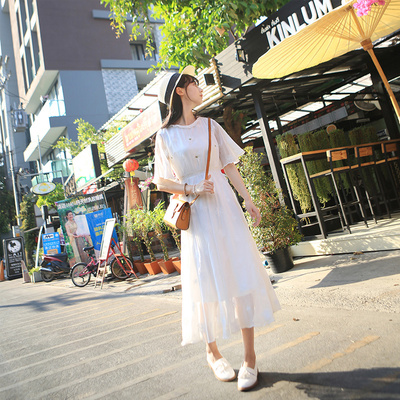 小镇姗姗 夏风和婉 原创自制优雅刺绣荷叶袖收腰显瘦雪纺连衣裙