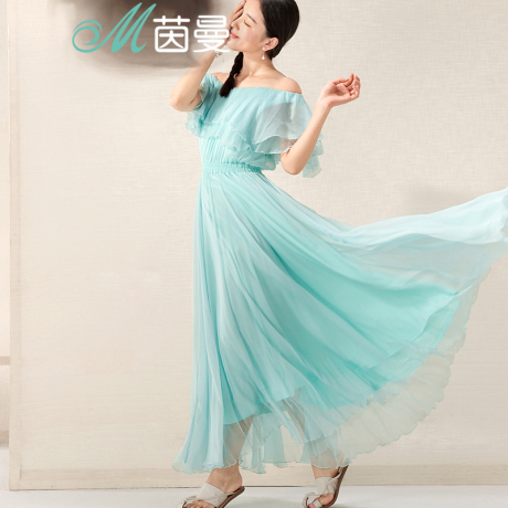 茵曼旗舰店2017夏装新品女装 露肩真丝连衣裙长裙淑女夏季短袖商品大图