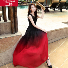 三纬2019新夏女修身波西米亚沙滩裙桑蚕丝长裙显瘦优雅真丝连衣裙图片