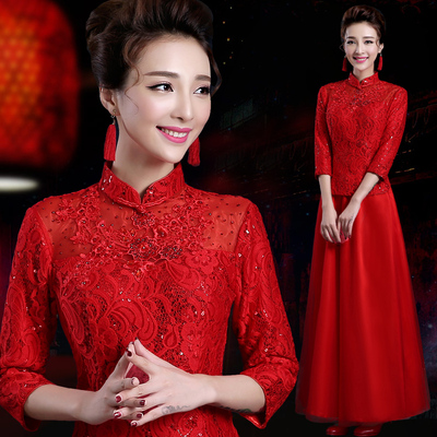 中式新娘结婚礼服女长袖婚礼红色敬酒服旗袍连
