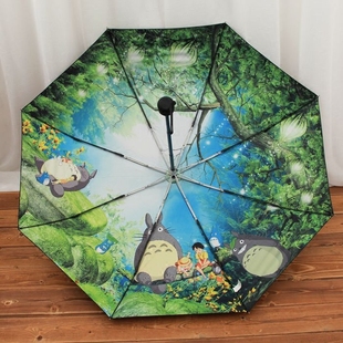 外贸伞三折伞超强防紫外线小黑伞个性创意长柄龙猫伞卡通学生雨伞