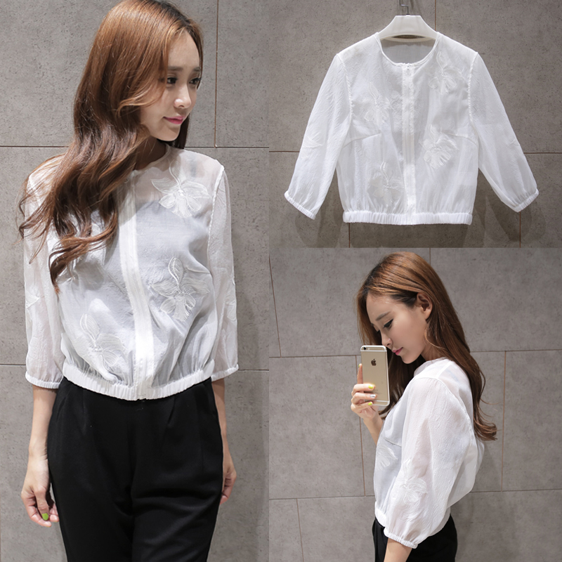 2019 Spring and summer new pattern Korean Edition Baseball shirt Embroidery temperament fashion Thin section organza Embroidery Little coatin the Women's clothing/Boutique , Lace shirt/Chiffon shirt category - from Buy2taobao.com to provide professional Taobao agent buy service