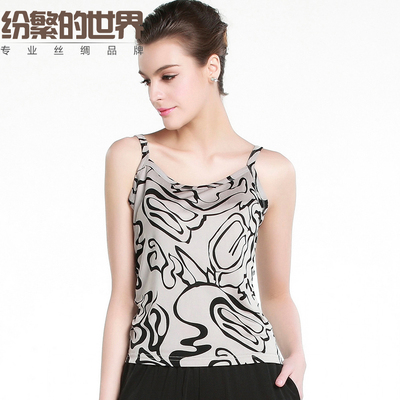 女短款印花百搭大码真丝针织100%桑蚕丝宽松打底衫上衣小吊带背心