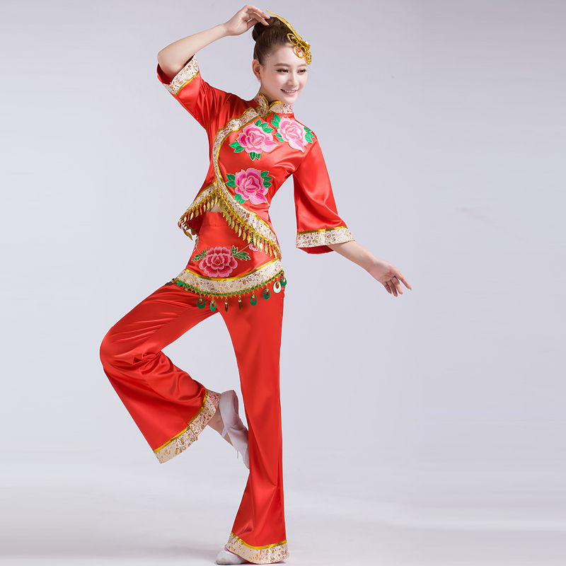 秋季红色民族秧歌舞蹈服2014新款排舞服装七分袖修身舞台演出服女