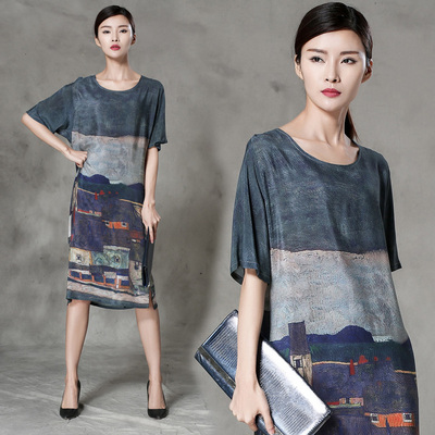 欧洲站2016真丝连衣裙中长款印花宽松大码新