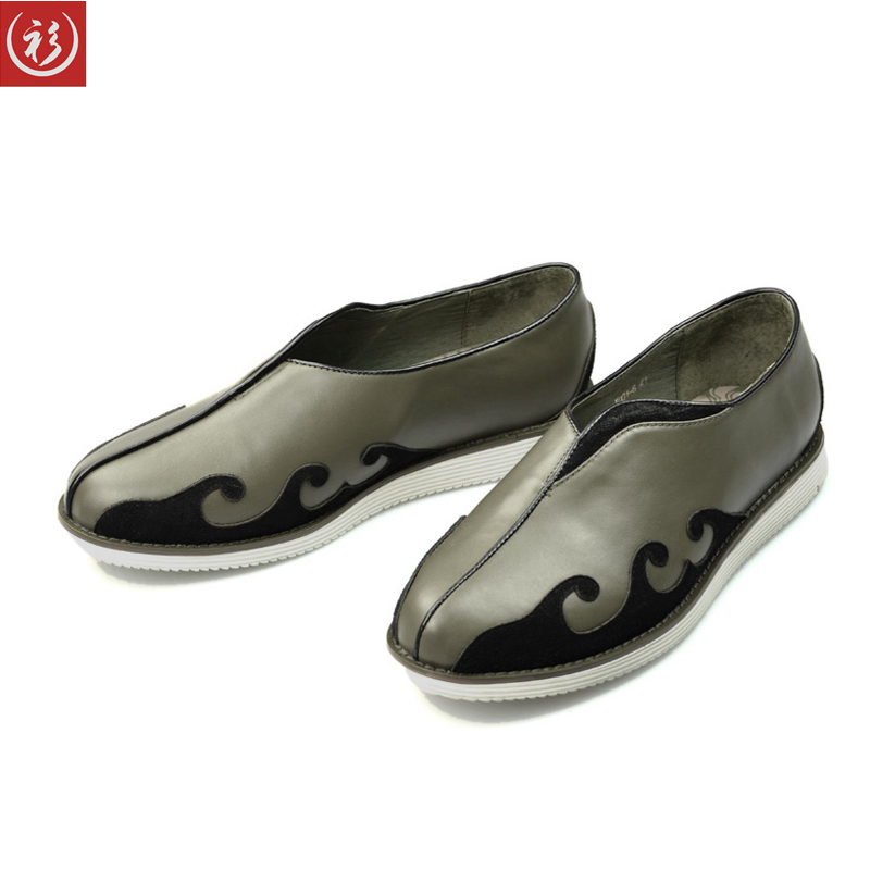 衫仟尺中国风踏浪复古波浪图纹唐装鞋真皮手工单鞋男士休闲皮鞋