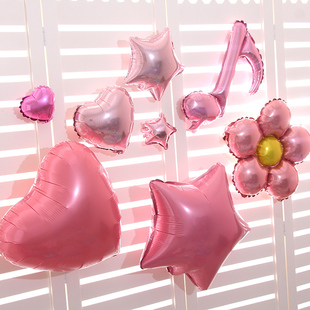 生日派对装饰气球结求婚心形，五角星星爱心，珠光粉铝膜气球布置
