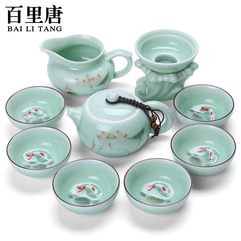 Baili Tang Japanese a complete set ceramics Kungfu Online Tea Set Hand-painted celadon 10 Skull teacup Chahai Gift boxin the Tableware , Tea set , Kung Fu Tea category - from Buy2taobao.com to provide professional Taobao agent buy service