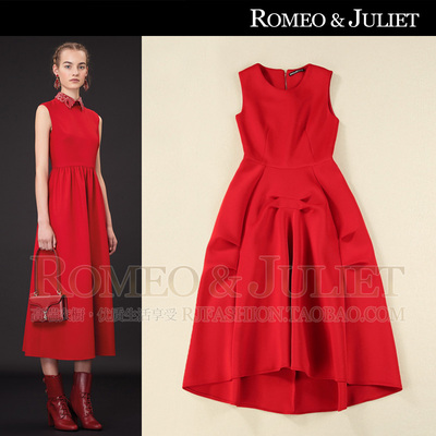【欧洲站】2014秋装女装新款 褶皱修身红色大摆长款太空棉连衣裙