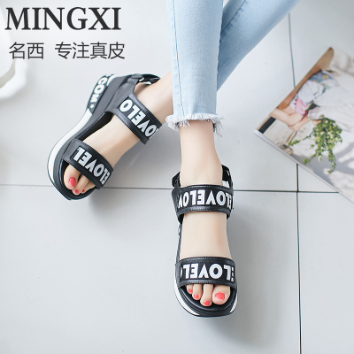 名西牛皮厚底凉鞋松糕鞋真皮韩版印花坡跟女鞋