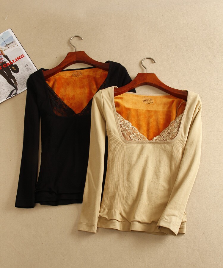 14年秋冬新品高弹加绒加厚蕾丝边保暖上衣长袖纯色打底 两件包邮