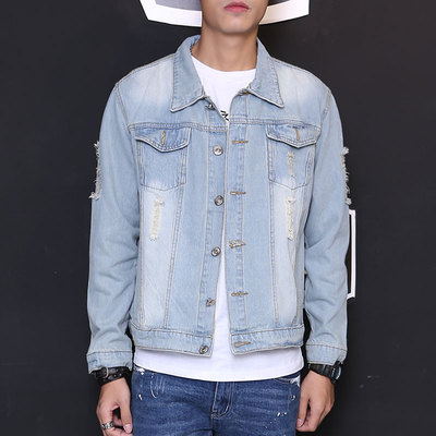 秋季牛仔外套男潮破洞牛仔衣超人印花牛仔夹克