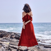 奈良波西米亚长裙红色，绝美挂脖连衣裙女夏季巴厘岛沙滩裙海边度假
