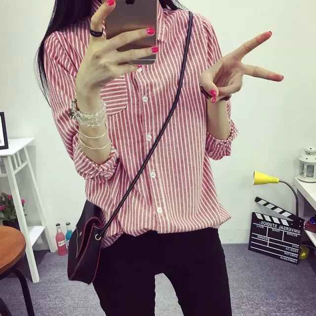 豪喜韩版2016春秋装条纹打底衬衫女式宽松大码学生衬衣外套上衣女