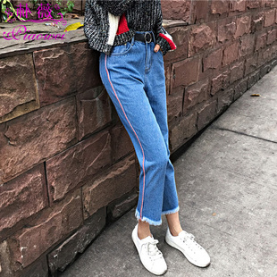 高腰直筒牛仔裤女宽松