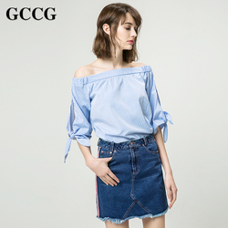GCCG蓝白条纹短袖衬衫女2017夏季新款一字