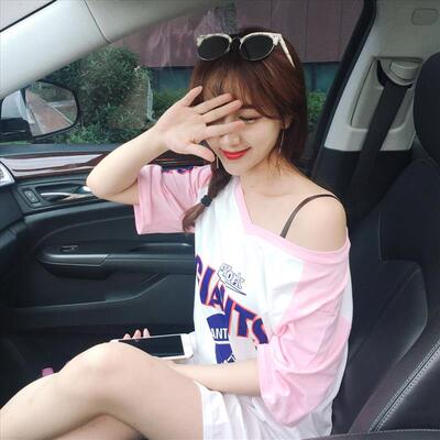 2016夏季新款 韩版百搭粉色露肩长款宽松小女人棒球服T恤上衣 女