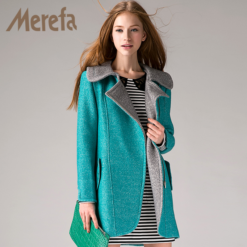 merefa2014毛呢羊绒外套秋冬新品女装翻领中长款双色羊毛呢子大衣