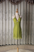 洛森d015草绿短款连衣裙，礼服钉珠水钻，真丝蚕丝夏季v领加特大