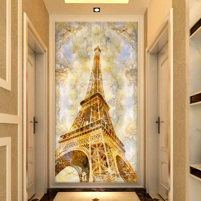 3d立体现代简约玄关壁纸壁画天然大理石埃菲尔铁塔玄关背景墙