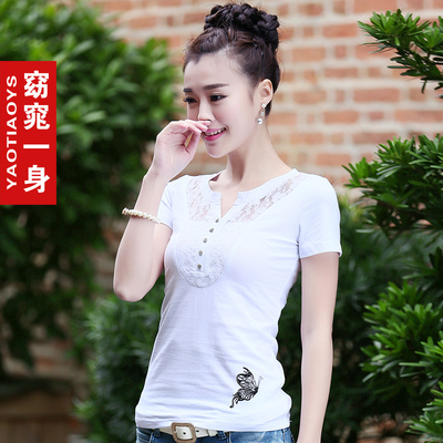 夏季女装夏装半截袖蕾丝V领短袖T恤女夏白色