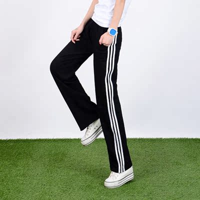 夏秋新款直筒运动裤宽松加大码精品休闲女生三道杠弹力松紧腰包邮