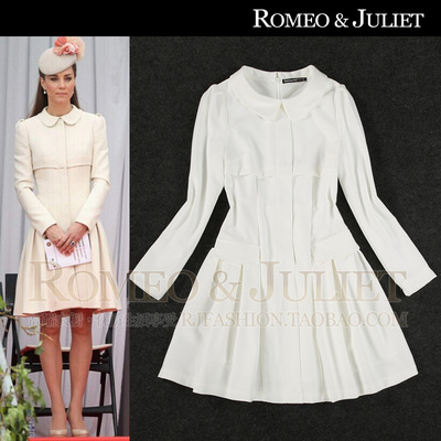【欧洲站】2014秋装新款女装 减龄娃娃领褶皱修身长袖白色连衣裙