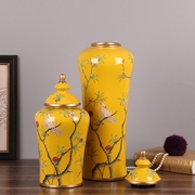 美式乡村工艺品贴花手绘花鸟陶瓷罐摆件家居装饰品样板房摆件