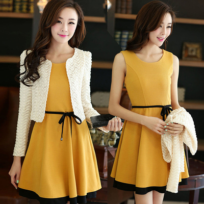 标题优化:2014新款韩版套装两件套长袖连衣裙春秋季大码女装修身气质背心裙