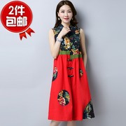 中国风复古特色印花拼接中长裙单排盘扣个性，棉麻无袖马甲连衣裙