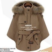 2020秋冬韩版狐狸毛斗篷(毛斗篷)式大衣女披肩，宽松蝙蝠袖羊毛呢子外套
