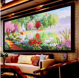 3d丝带绣彩印欧式大客厅风景，挂画琉璃湖畔爱的寄语立体十字秀