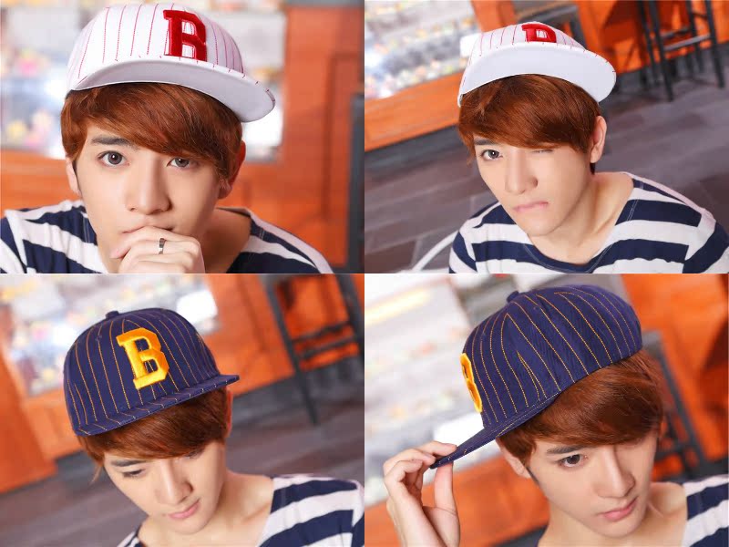 新款韩国帽子 男女帅气彩色刺绣字母B条纹棒球帽平沿帽遮阳帽