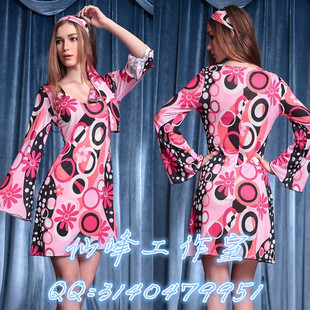 万圣节派对Cosplay演出服 60年代70年代粉红色嬉皮士Mod服装服饰