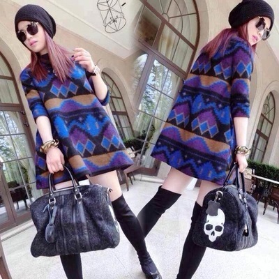 2016秋冬季新款大码女装中长款a字打底裙毛呢格子显瘦高领连衣裙