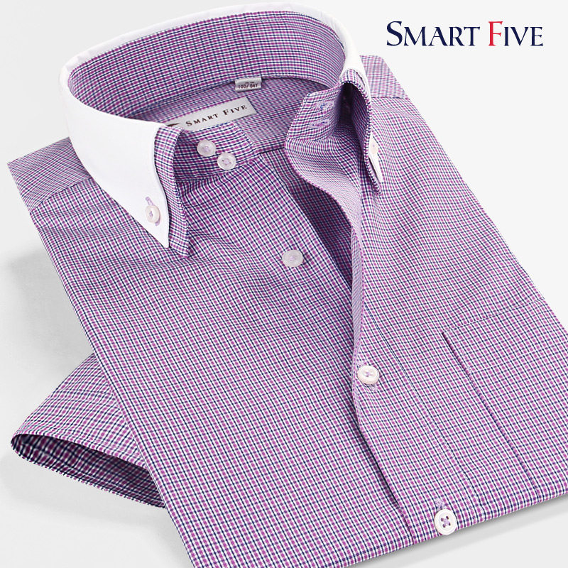 SmartFive 夏装男士短袖衬衫商务韩版修身格子衬衣纯棉双层领男装