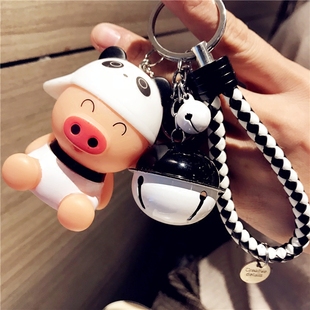 卡通小猪钥匙扣铃铛挂饰，韩国可爱公仔挂件情侣，钥匙圈环礼物男女