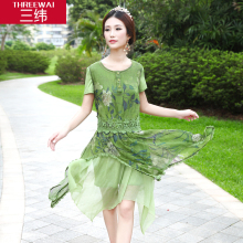 三纬2018夏新款欧美真丝连衣裙女装时尚印花圆领桑蚕丝中长裙图片
