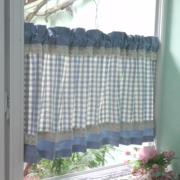 地中海美式乡村格子布，成品窗帘小半帘蓝蕾丝隔断风水帘厨房