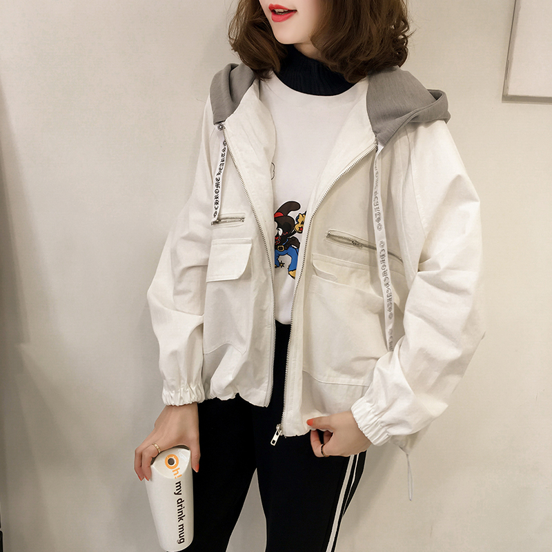 2017春装新款韩版学生字母蝙蝠袖连帽外套女短款宽松休闲长袖夹克