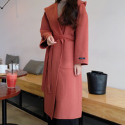 韩国原单高端柚子橘色长款连帽浴袍，款双面手缝羊绒羊毛大衣外套女