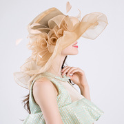 太阳帽子夏防紫外线欧美女时装帽防晒花朵时尚纱帽大沿遮阳帽