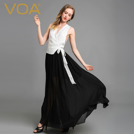 VOA白色提花真丝性感深V领镂空露背斜袋黑色桑蚕丝礼服连衣裙商品大图